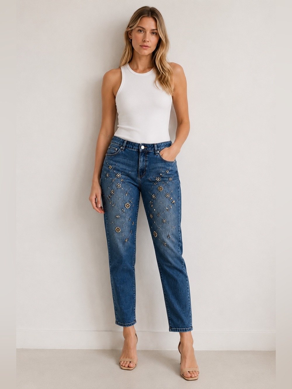 lane bryant embellished boyfriend jeans size 24 blue floral rhinestone stretch